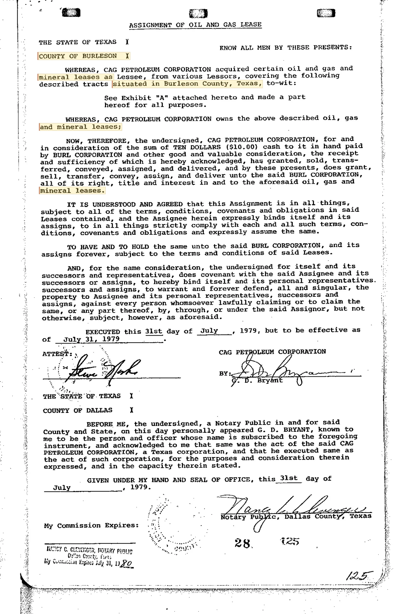 CAG Petroleum Corp. - Recorded Asgmt Of Lease (Vol. 28, Page 125)
