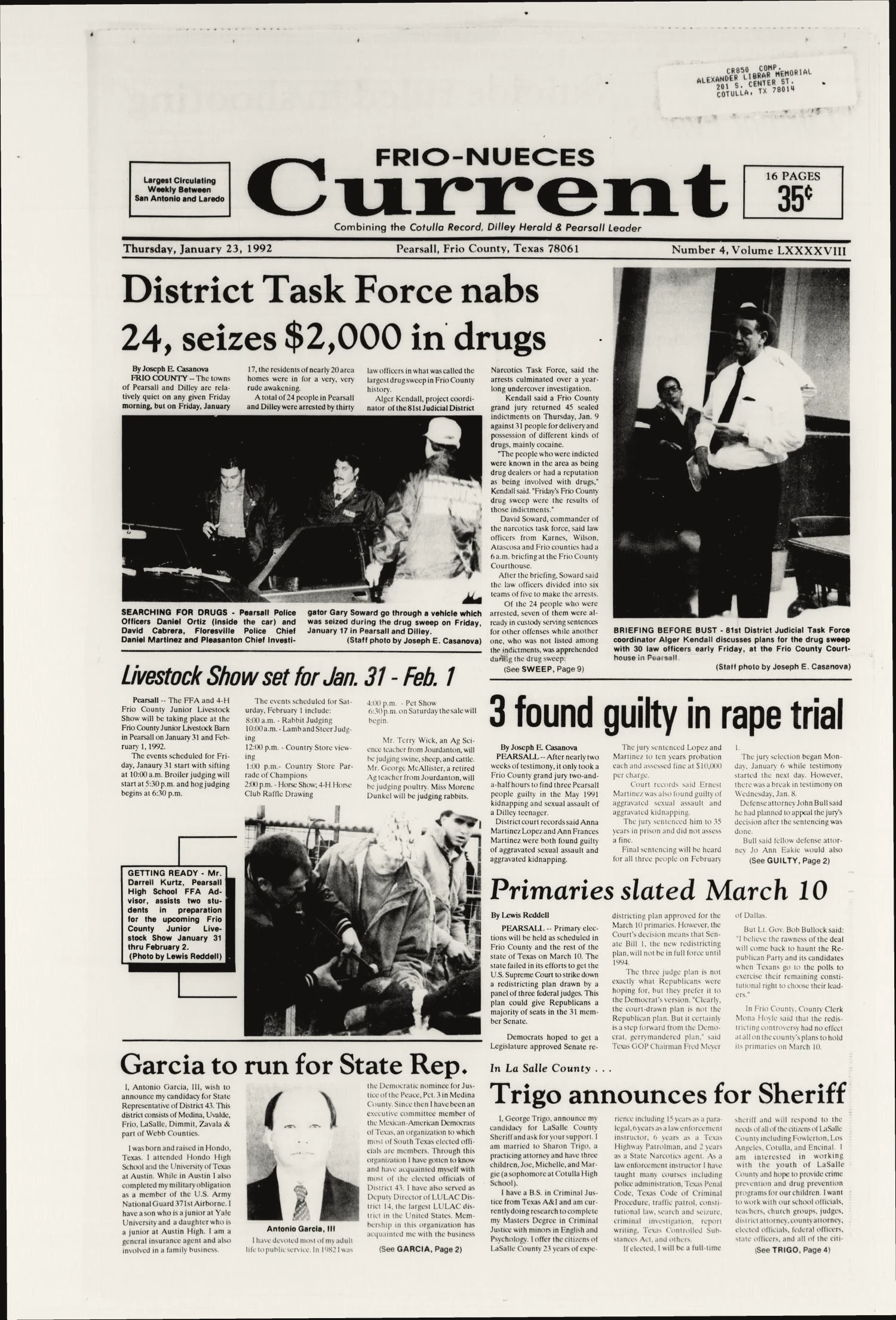 Frio-Nueces Current (Pearsall, Tex.), Vol. 98, No. 4, Ed. 1 Thursday, January 23, 1992